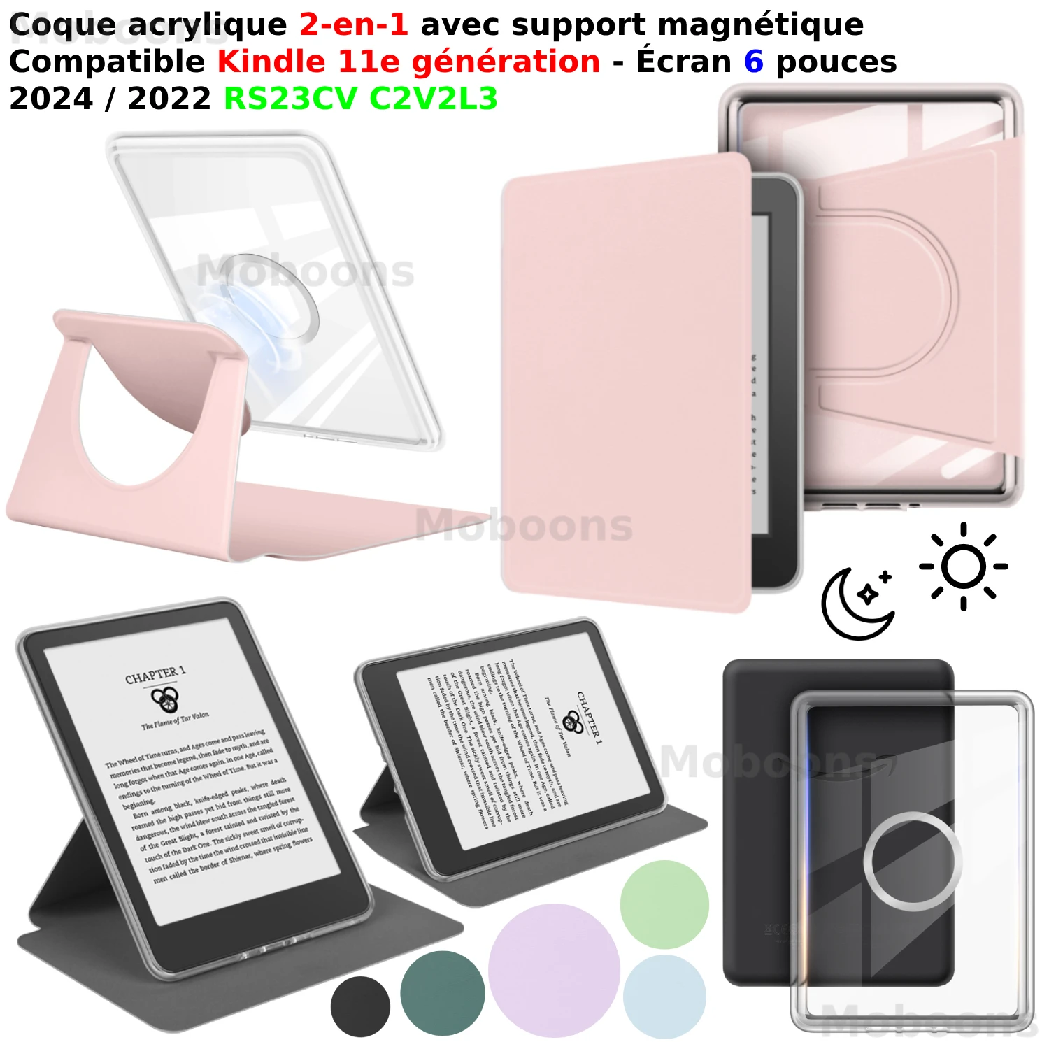 Pour étui Kindle 11e génération 6'' 360 ° Étui acrylique détachable magnétique rotatif 2 en 1, support en cuir PU RS23CV C2V2L3, Funda de sommeil Pour étui Kindle 11e génération 6'' 360 ° Étui acrylique détachable magnétique rotatif 2 en 1, support en cuir PU RS23CV C2V2L3, Funda de sommeil