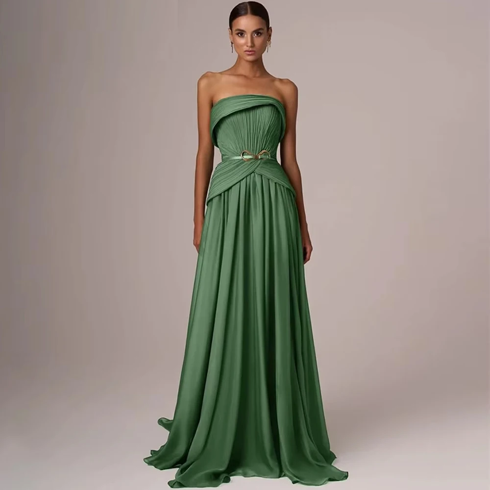 

Exquisite Green Chiffon Strapless Evening Dress High Quality Belt Prom Dresses Delicate Sweep Train Customized Celebrity Gowns