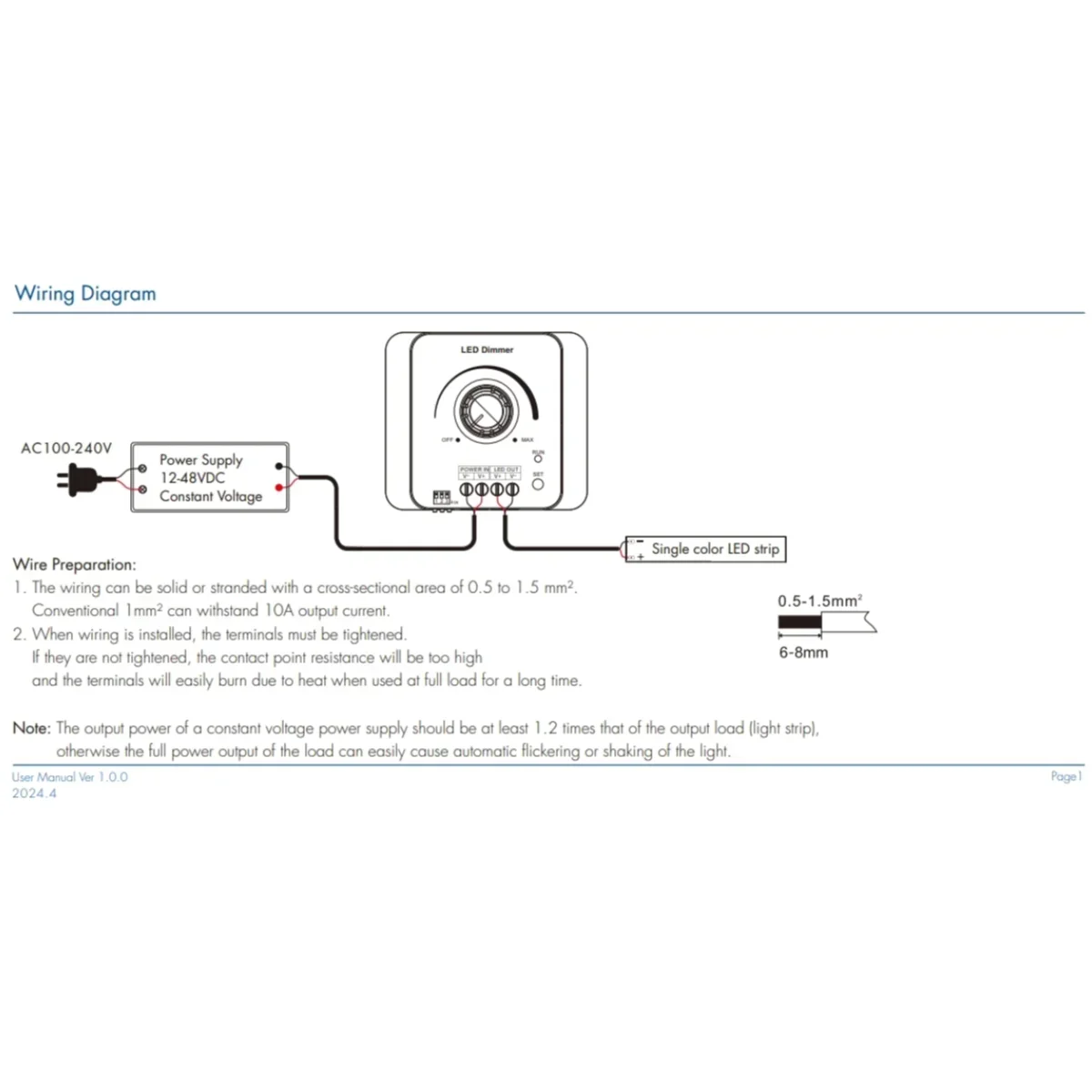 V1-KC 12-48VDC Rotary LED Dimmer 1CH*8A  5Levels Light Gradient Speed 0-100% Dimming for Single Color LED Strip Light without RF