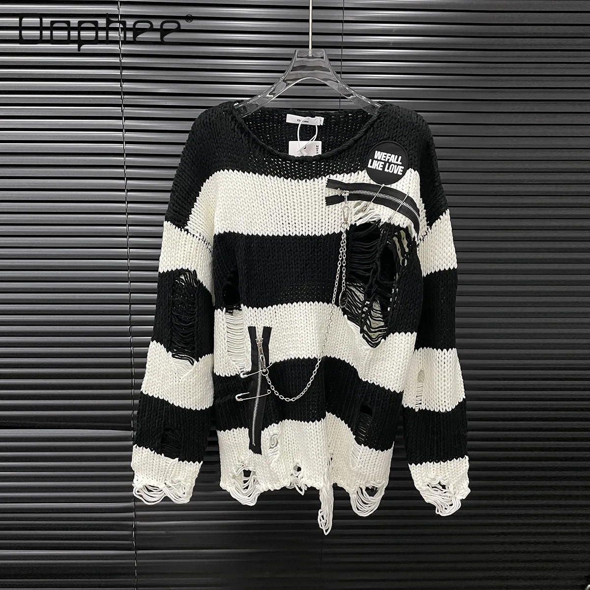 

Autumn New Korean Ins Striped Hollow Knitted Sweater Women Irregular Fashion Oversized Long Sleeve Pullover Street Y2K Sweaters