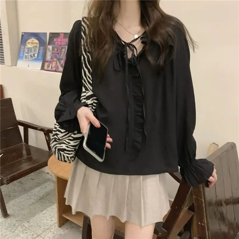 Temperament V Neck Lacing Thin Shirt Tops Spring New Long Sleeve Solid Loose Lacing Korean Blouse Fashion Sweet Women Clothing