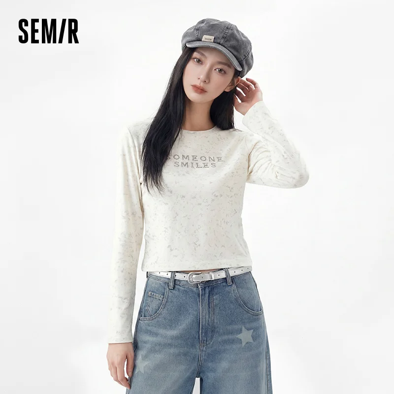Semir Women Tshirt Long Sleeve Sequin Wash Letter Slim Ruched Street Smart Casual Style Autumn Top Daily Wear 2026