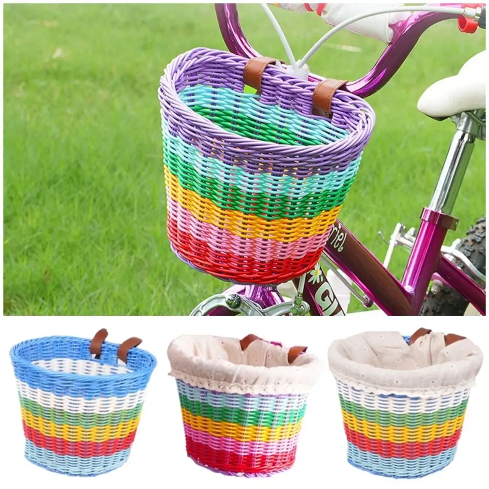 Colorful Rattan Bicycle Basket Removable Waterproof Bike Woven Baskets Handwoven Durable Tiny Tricycle Baskets Children