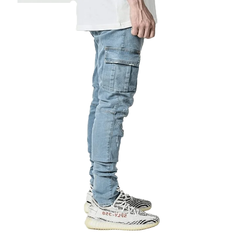 Jean Cargo Noir pour Homme, Pantalon en Denim, Multi-Poches, Bleu, Slim, Zone Overol, Mode Streetwear Décontracté, FJ3XL