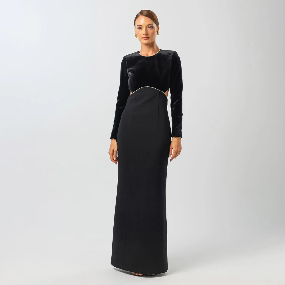 Elegant Formal Evening Dress Black Velvet Long Sleeves Column Evening Gowns for Women 2024 Open Back Floor Length Party Dresses