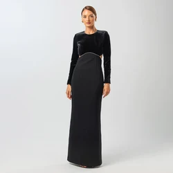 Elegant Formal Evening Dress Black Velvet Long Sleeves Column Evening Gowns for Women 2024 Open Back Floor Length Party Dresses