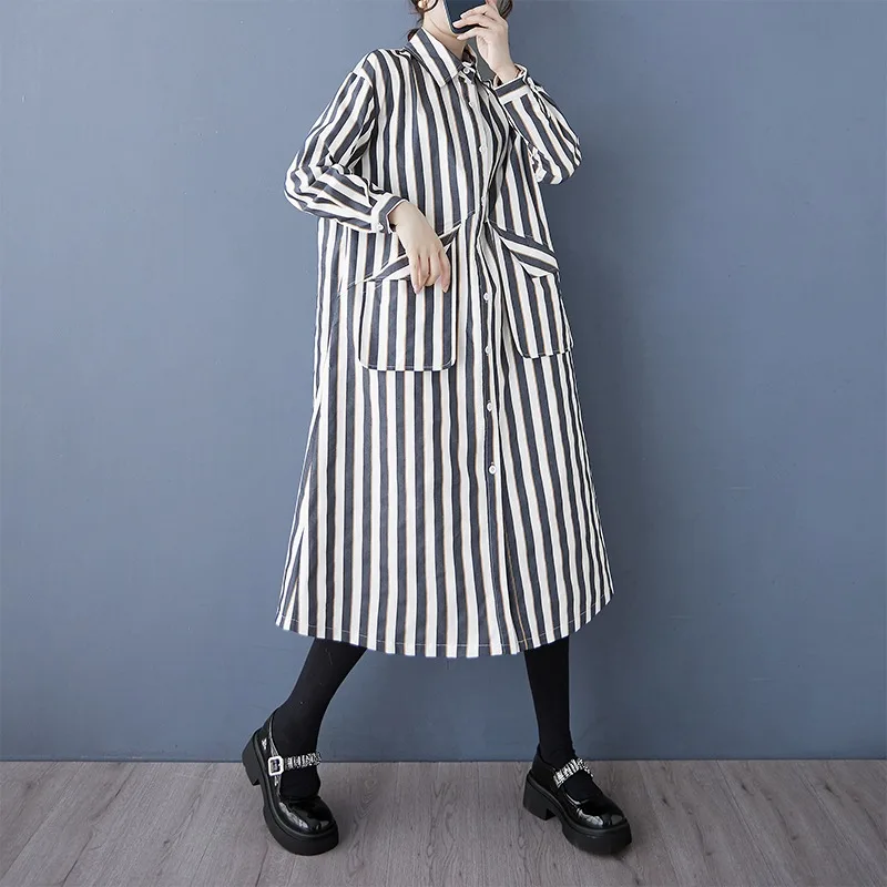 봄가을 니치 디자인 포켓 루즈핏 캐주얼 셔츠 스커트 패셔너블하고 다재다능한 스트라이프 한국 버전 원피스