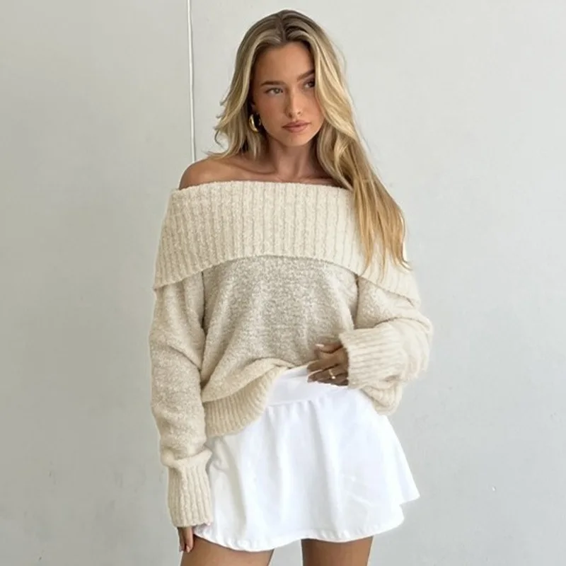 Talenza One Shoulder Knitted Sweater Women's Sexy Slim Long Sleeve Solid Pullover Top Loose Casual Chic Autumn Street Sweater