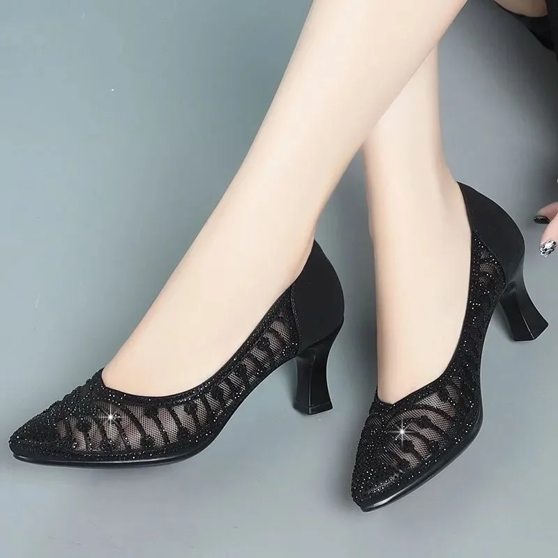 Cresfimix Fashion Spring & Summer Hollow Out Golden High Quality Square Heel Shoes for Sexy Party Women Cute Mesh Pumps A106e