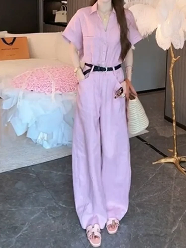 Retro Design Workwear Jumpsuit Women's Summer Slimming Waist Cinched Pantsuit Cotton Straight Leg Long Pants Casual Style