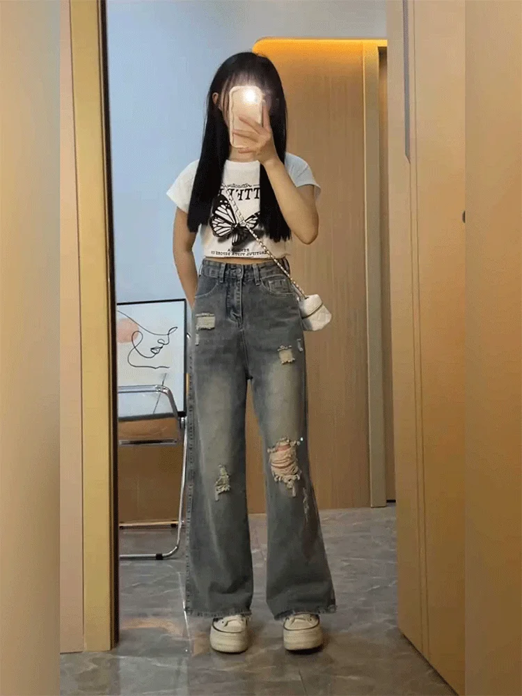 

Женские прямые классические джинсы с заклепками и цепочкой из бисера и кисточками с блестками и жемчугом, женские джинсовые модные готические панк-эмо-готические тонкие