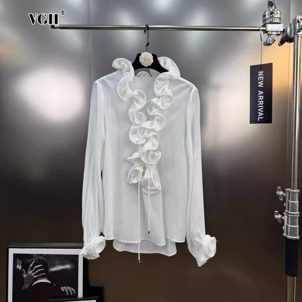 

VGH Solid Casual Sweet Spliced Fungus Shirt for Women V Neck Petal Long Sleeve Patchwork Lace Up Fashionable Style Shirts Female