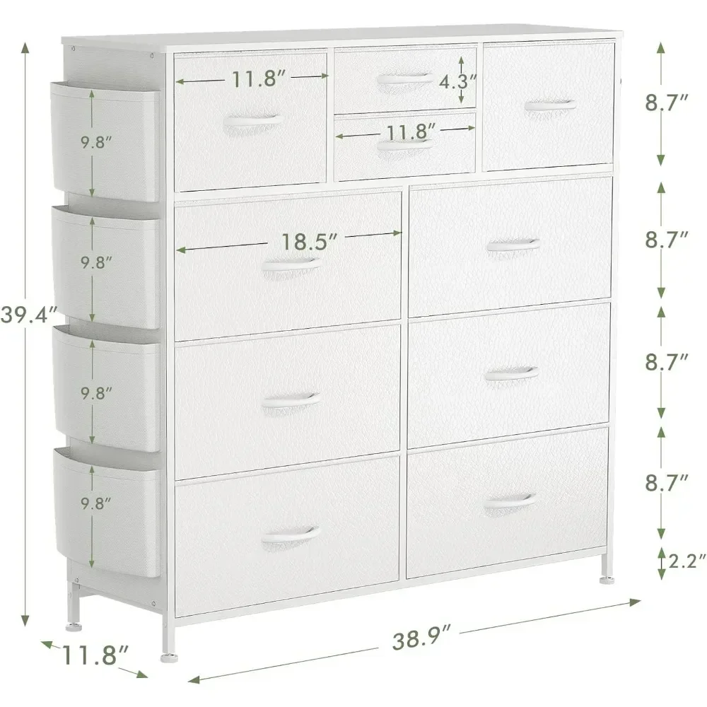 Dresser for Bedroom with Drawers, Chest of Drawers with Side Pockets , PU Storage Dresser