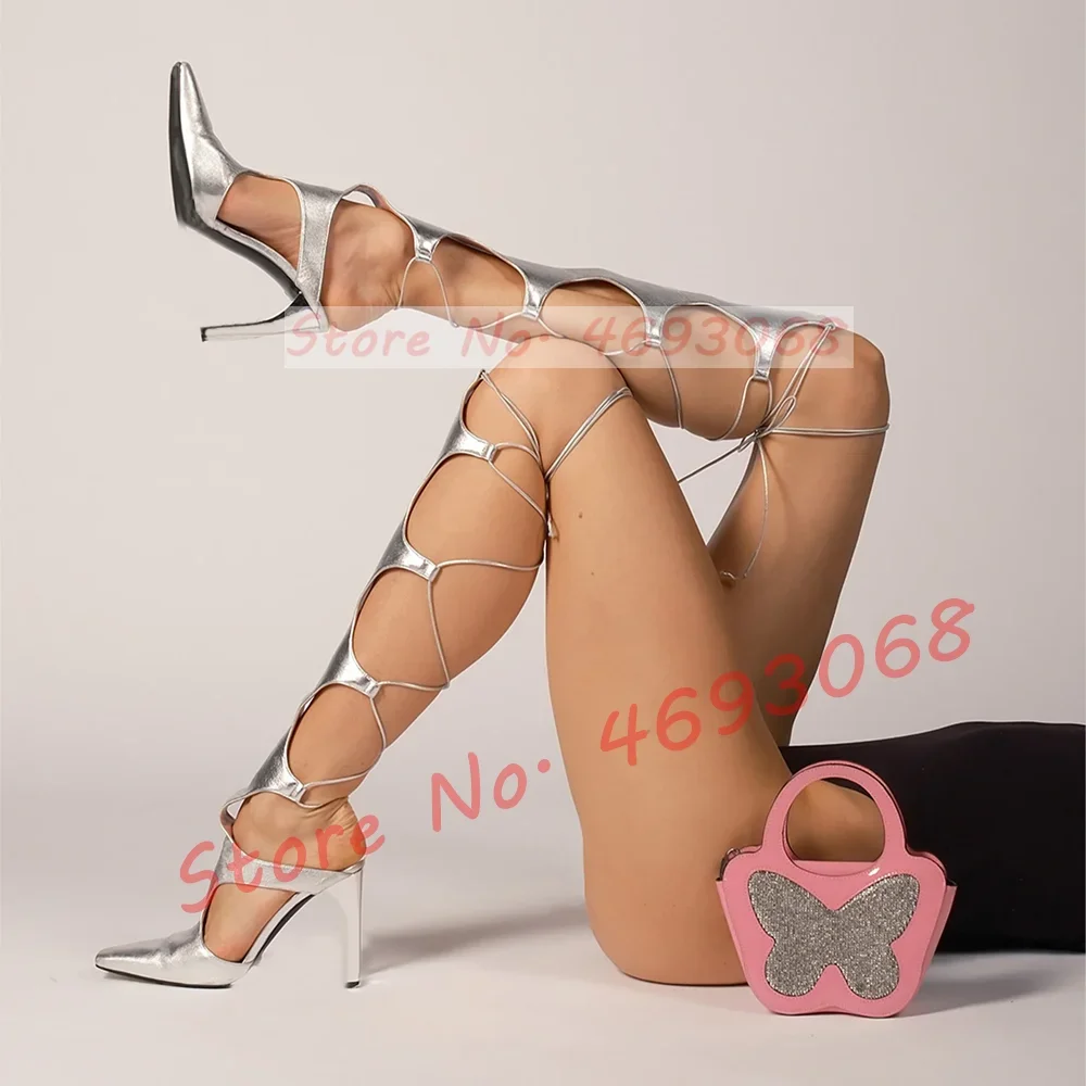 Silver Strappy Pointed Toe Sandals Women Trendy Sexy Cross Strap Cutout High Heels Shoes Ladies Puttee Metallic Leather Sandals