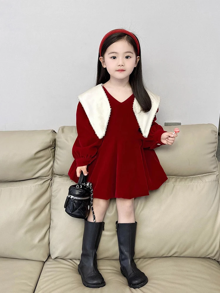 Childrens Clothing Girl Plush Velvet Dress 2023 Winter New Childrens Christmas Dress Baby Flower Bud Skirt