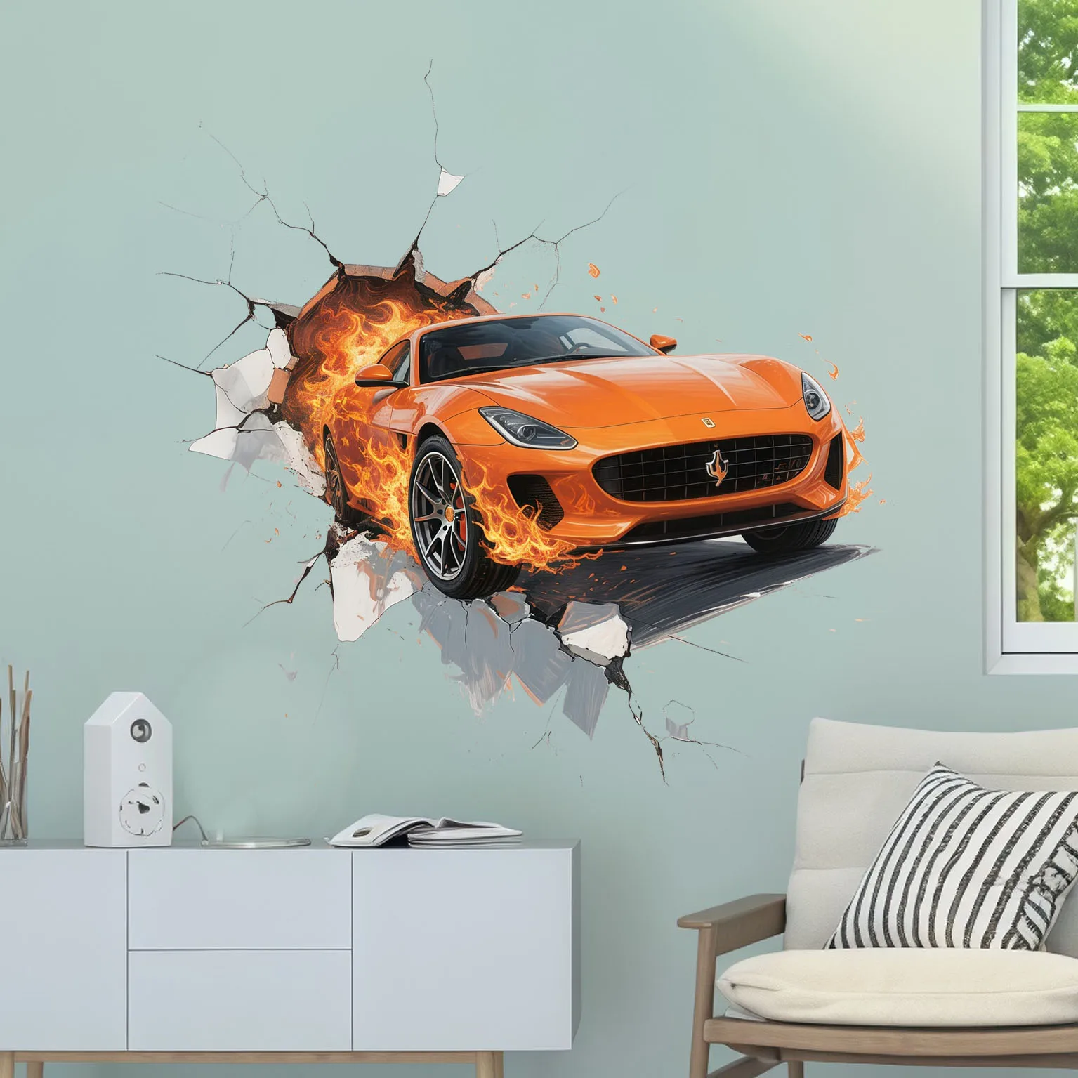 3D Creative Wall Decal Sticker Car Theme Home Decor Wall Mural Fire Flame Design Self-Adhesive Bedroom Room Decoration