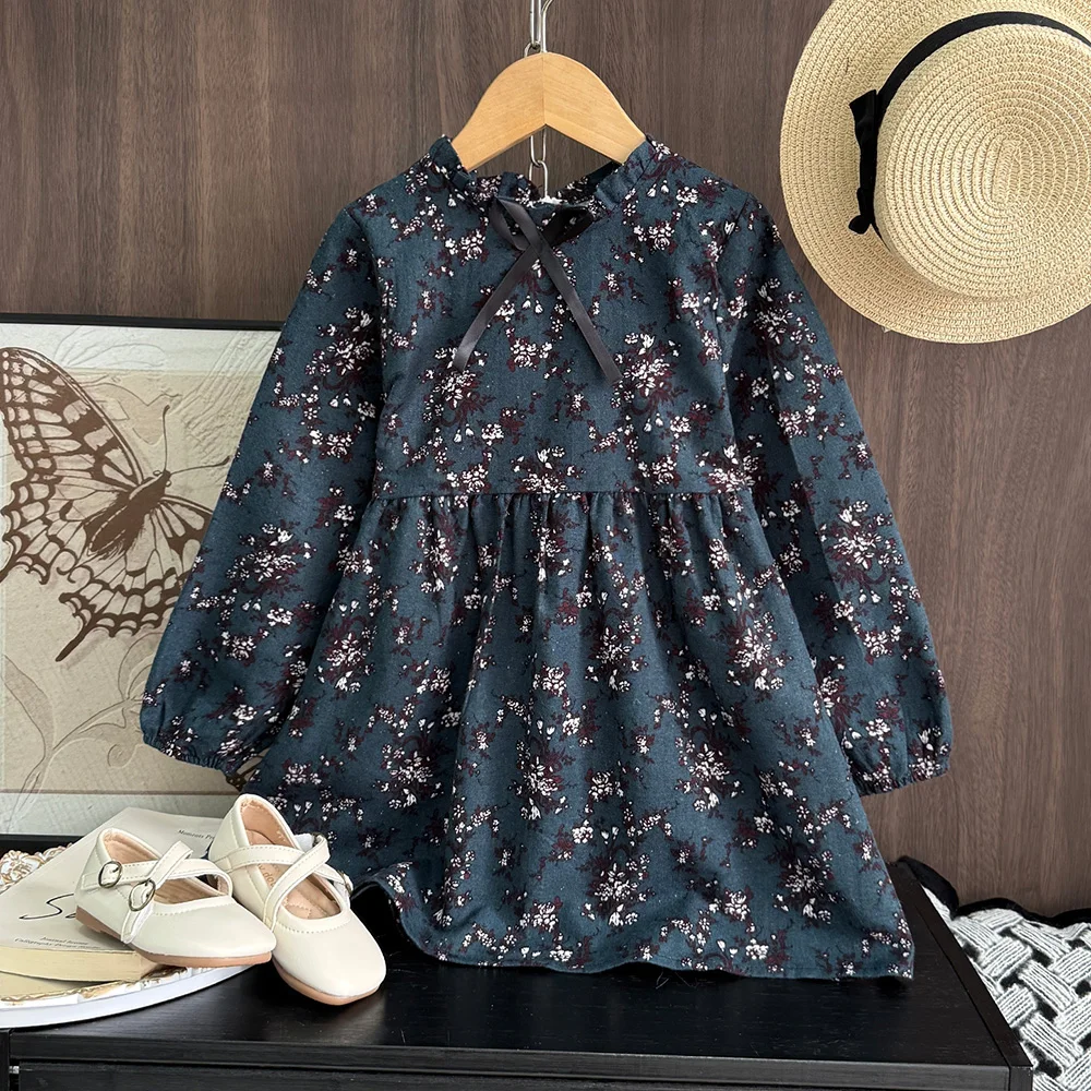 Girls Dark Green Floral Long Sleeve Dress Stand Collar Bow Puff Sleeve A-line Dress Kids Vintage Casual Princess Daily Dresses