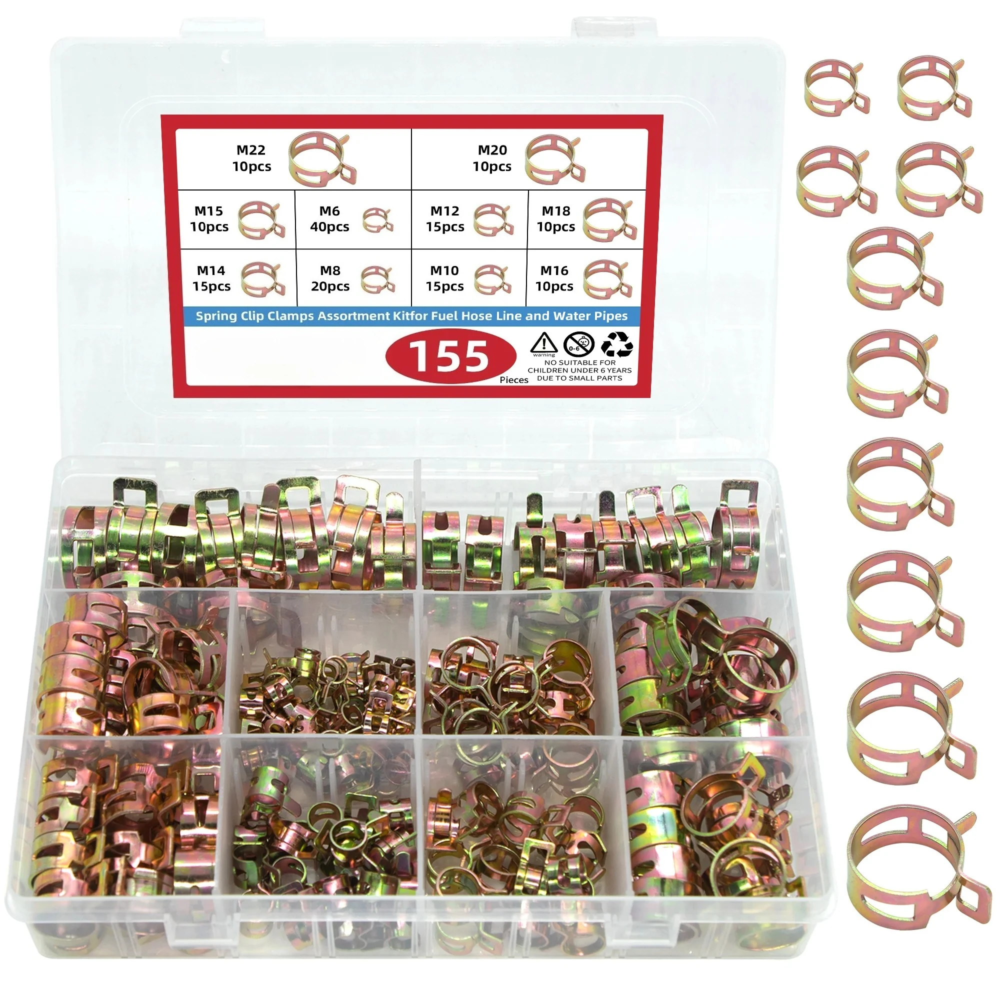 

155PCS 6-22mm Manganese Steel Spring Driven Hose Clamp Low Pressure Air Clamp Fastener Sorting Kit For Pipes, Automobiles