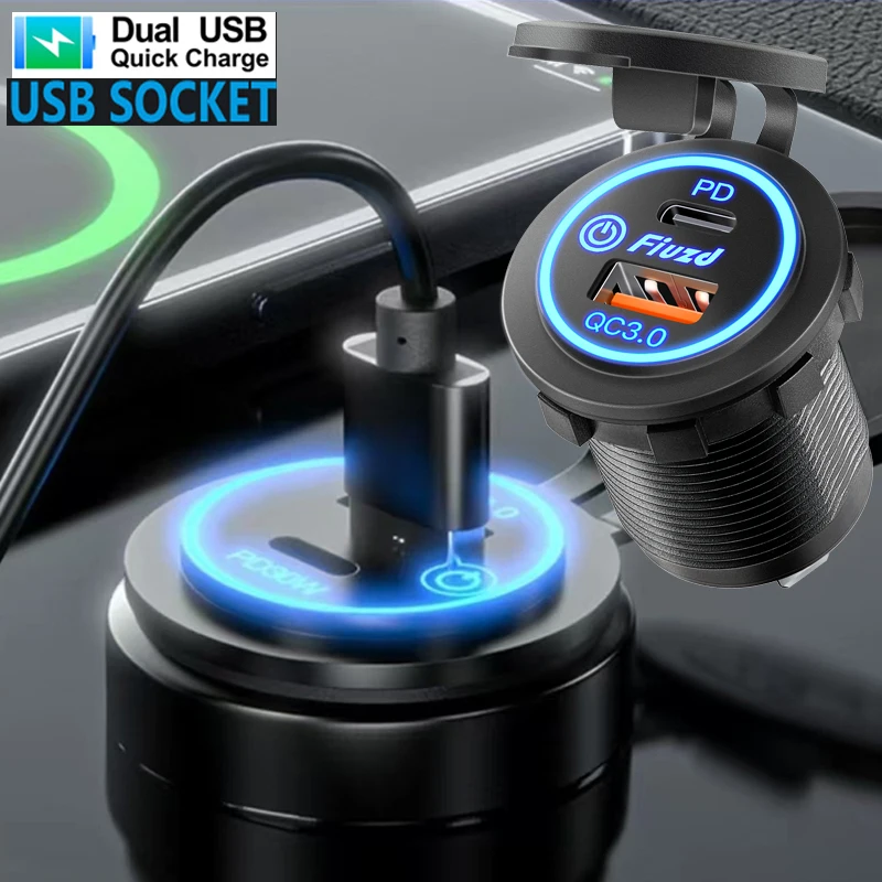 Carregador universal para carro e motocicleta, luz led usb TYPE-C, tomada de energia, cigarro, luz à prova d'água para caminhão, atv, barco