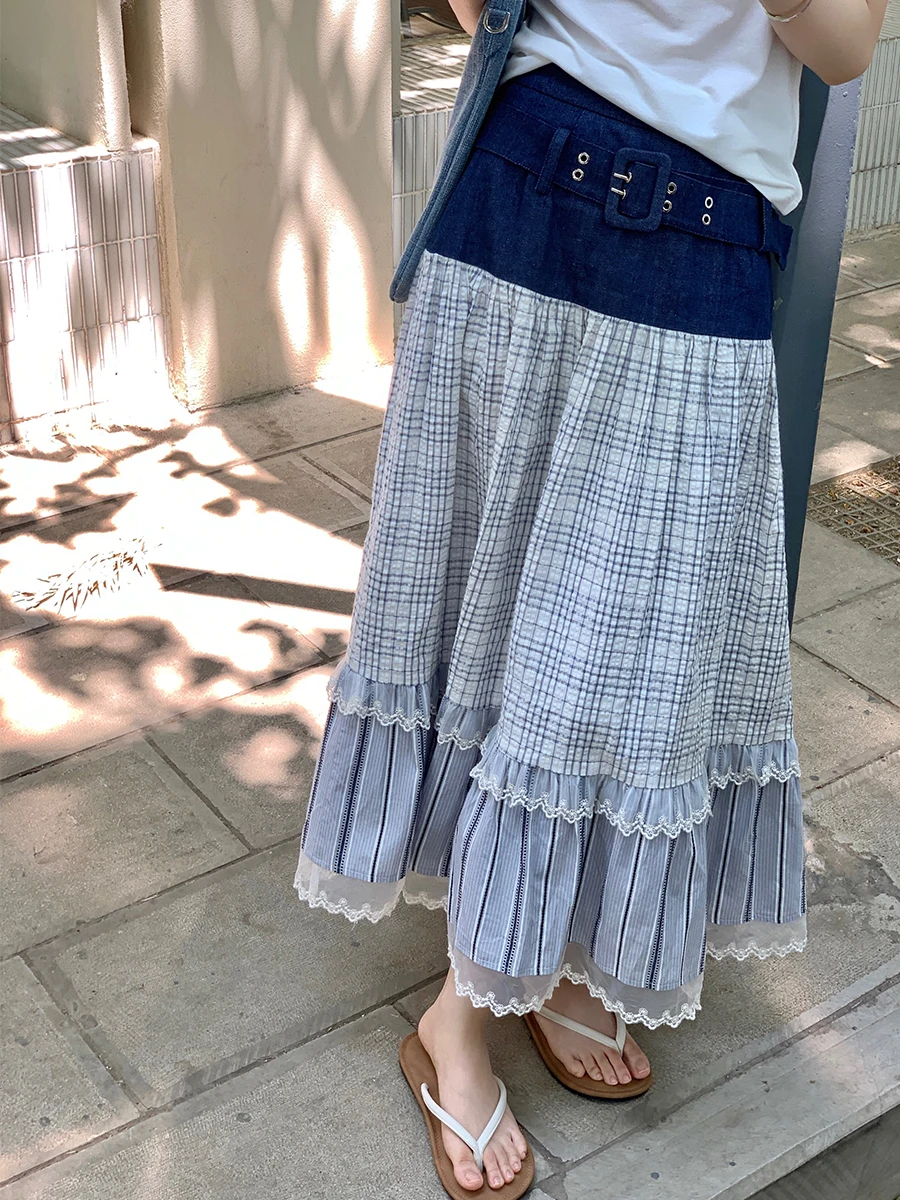 

EIDM Diamond Limited Edition Vintage Chinese Sle A-Line f Skirt Patchwork Design Midi Skirt Versatile Summer Collection