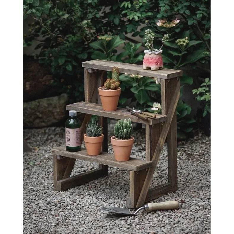 

Three-layer stepped small flower stand Solid wood retro old balcony Garden potted plant rack against the wall