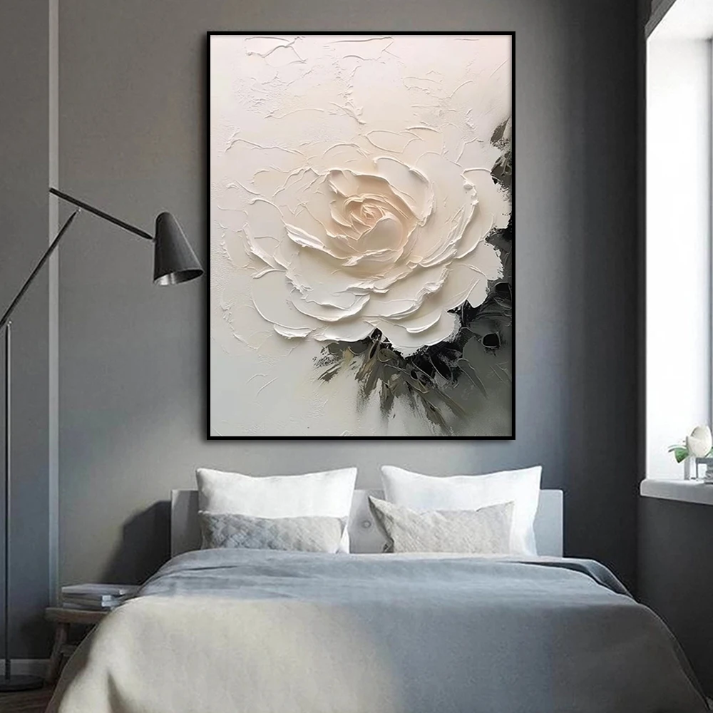 3D Textured Effect Painting, Large Abstract White Flower Poster, Minimalist Wall Art Canvas Print, Living Room Home Decor Cuadro