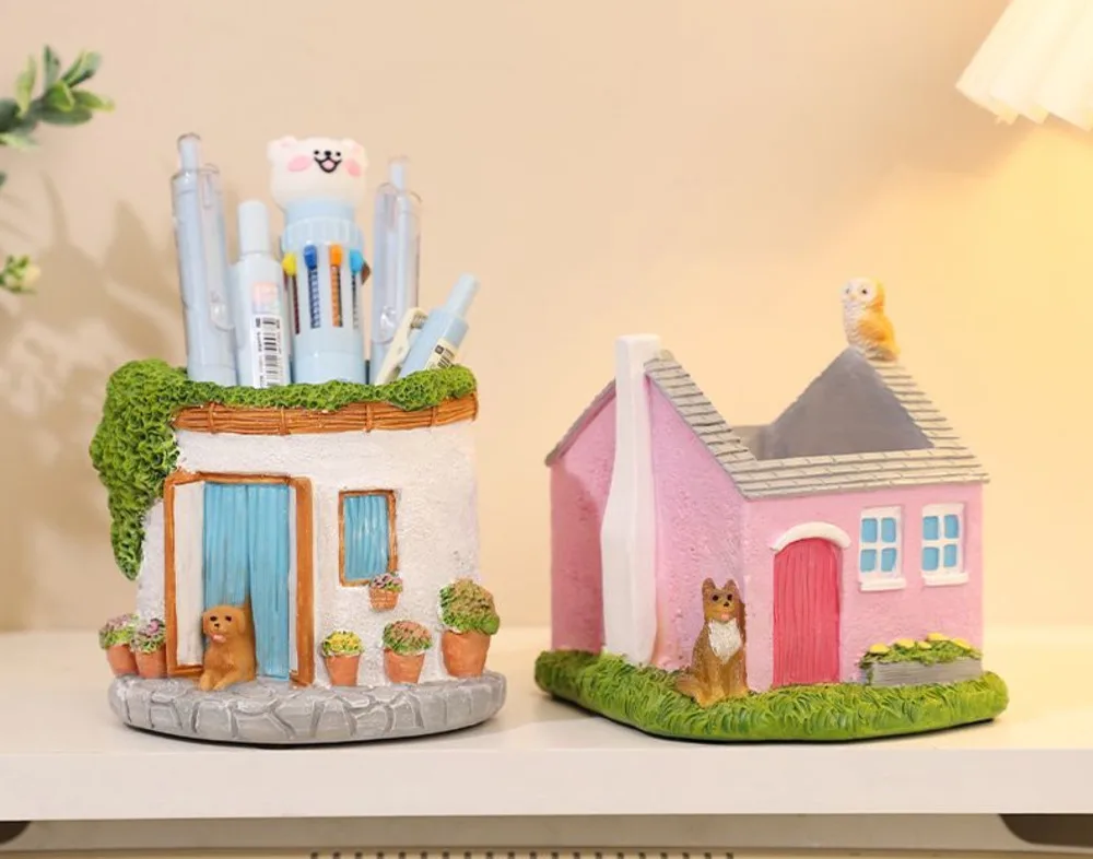 

Romantic Small House Resin Pen Holder Ornament Creative Office Storage Stationery Holder ,flower Pot
