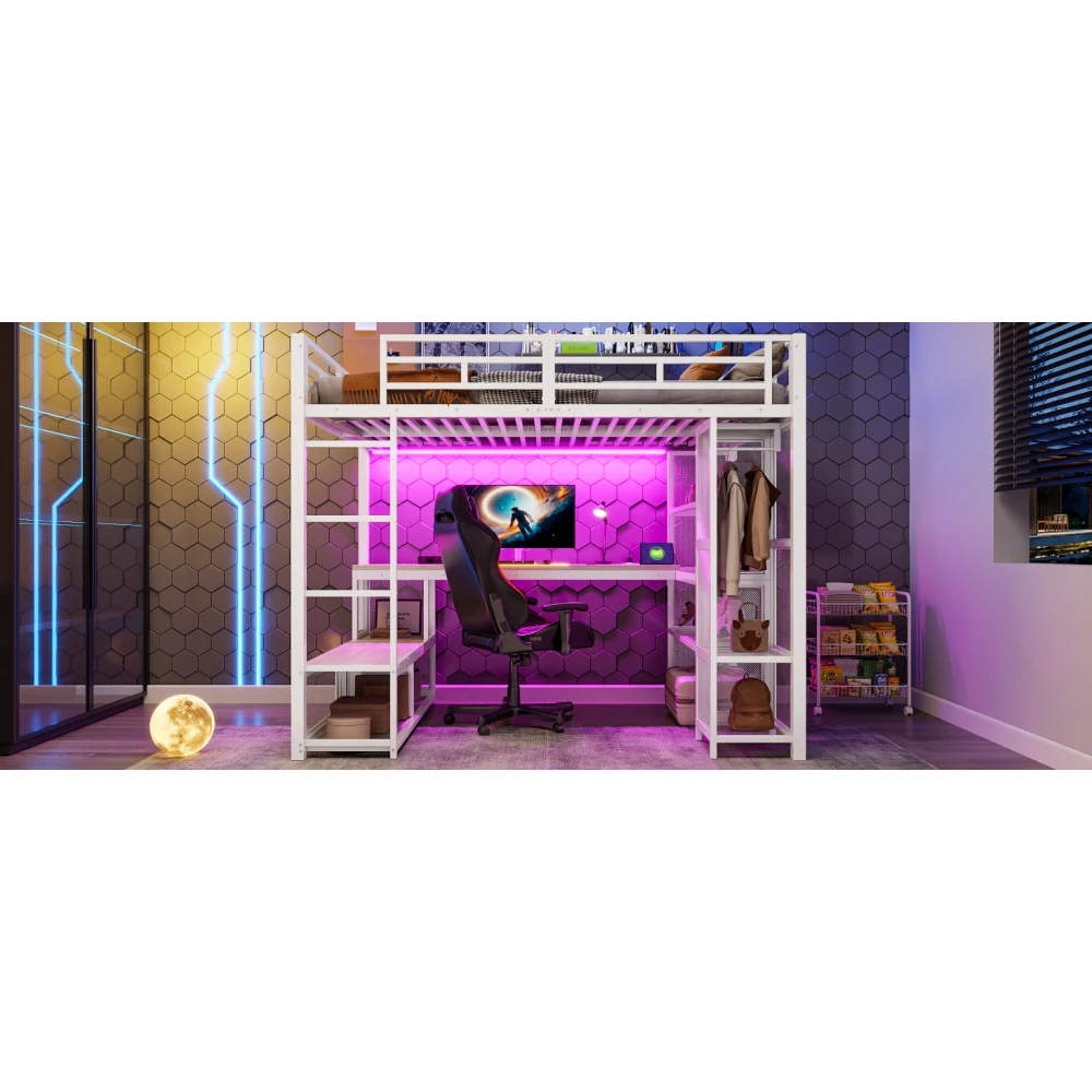140 x 200 cm großes Hochbett aus Metall mit Stauraum und offenem Kleiderschrank, Kinderzimmerbett mit USB-Anschluss und LED-Beleuchtung, Schwarz/Weiß – Detail 23