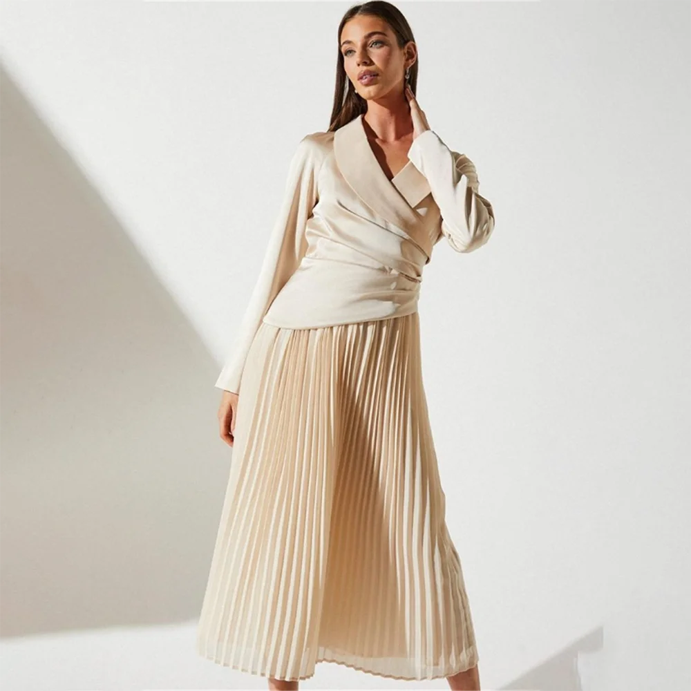 Vestidos de noite com decote em v manga longa plissado uma linha vestido mancha chá comprimento vestidos de baile formal vestidos de festa فسات intellimavera