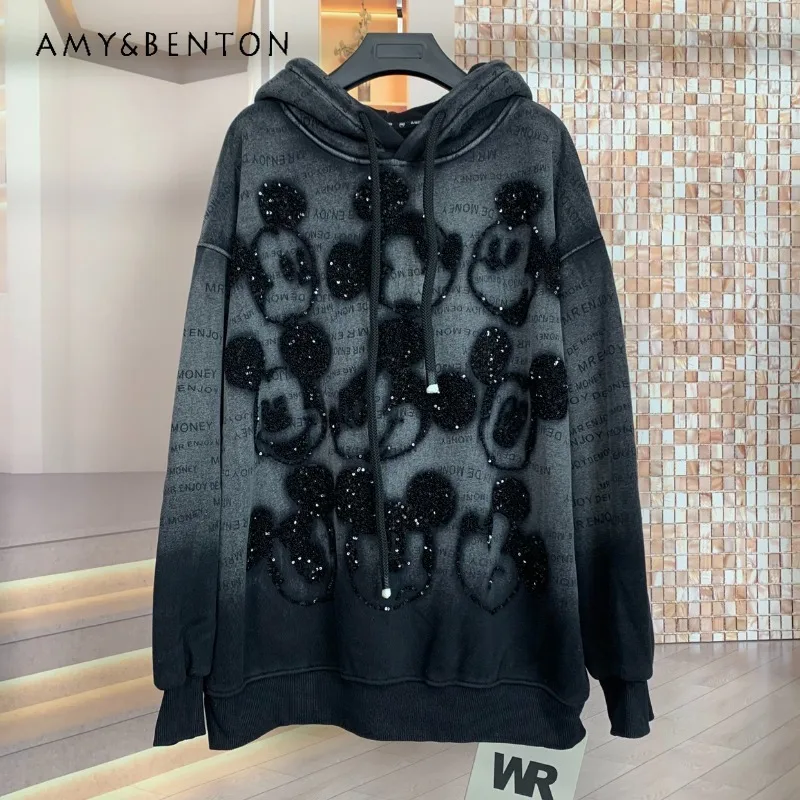 

Autumn Winter New Fleece Heavy Industry Loose Sweatshirt Age-Reducing Top Fashion Washed Letter Cartoon Hooded Hoodies For Women