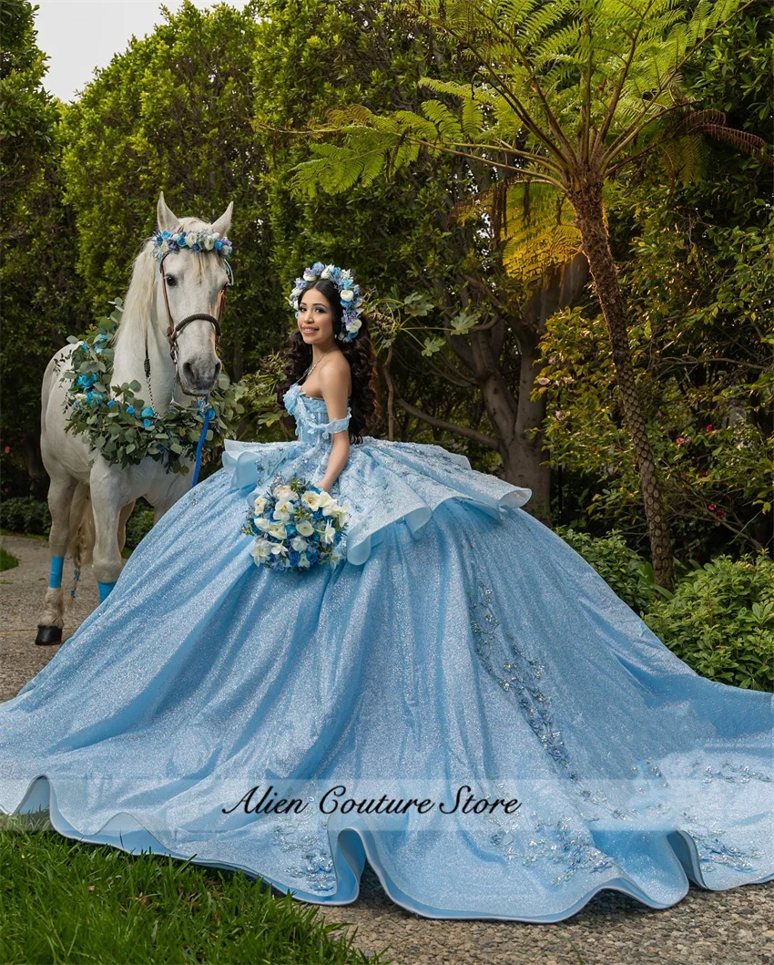 Sky Blue Ball Gown Quinceanera Dresses Pearls Flowers Beaded Appliques Sweet 16 Dress Vestidos De 15 Años 2025 Customized