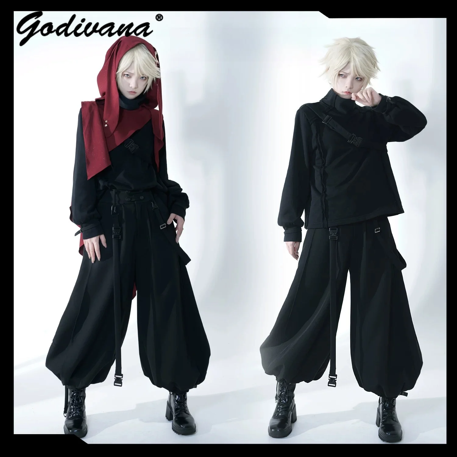 Functional Style Spring & Fall Dark Gothic Cool Handsome Turtleneck Black Sweatshirt Top Cropped Pants Hooded Shawl 3 Piece Sets