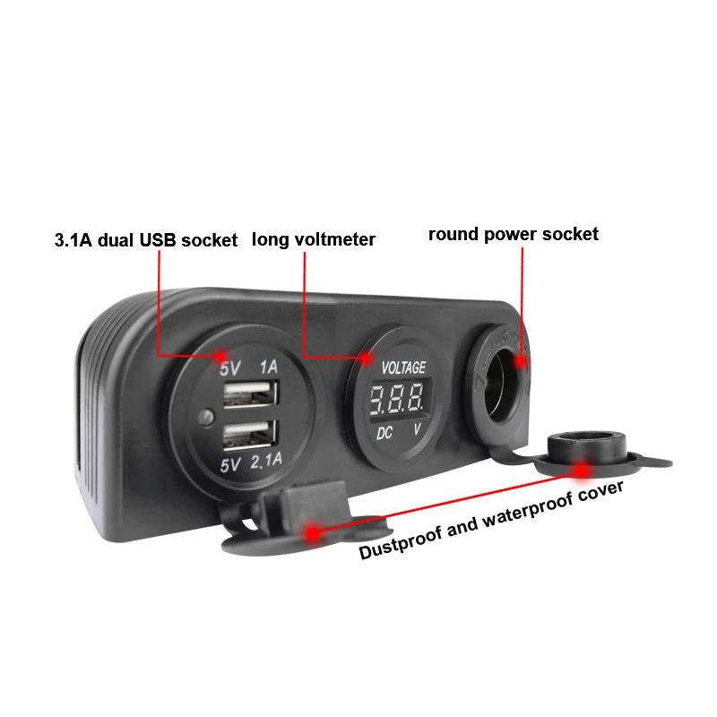 Caricabatteria da auto Dual USB 3.1A 12V/24V presa accendisigari presa voltmetro con Base tenda a 3 fori per auto moto barca ATV