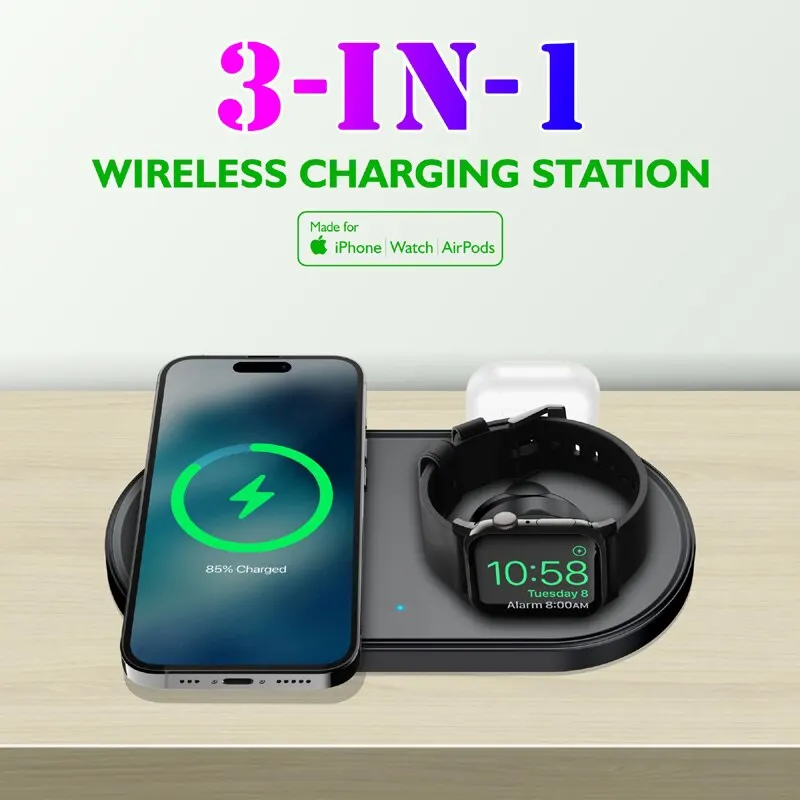 3 In 1 Wireless Charger Pad Stand 15W Phone Fast Charging Dock Station for iPhone 14 13 12 Pro Max Mini Apple Watch 8 7 Airpods