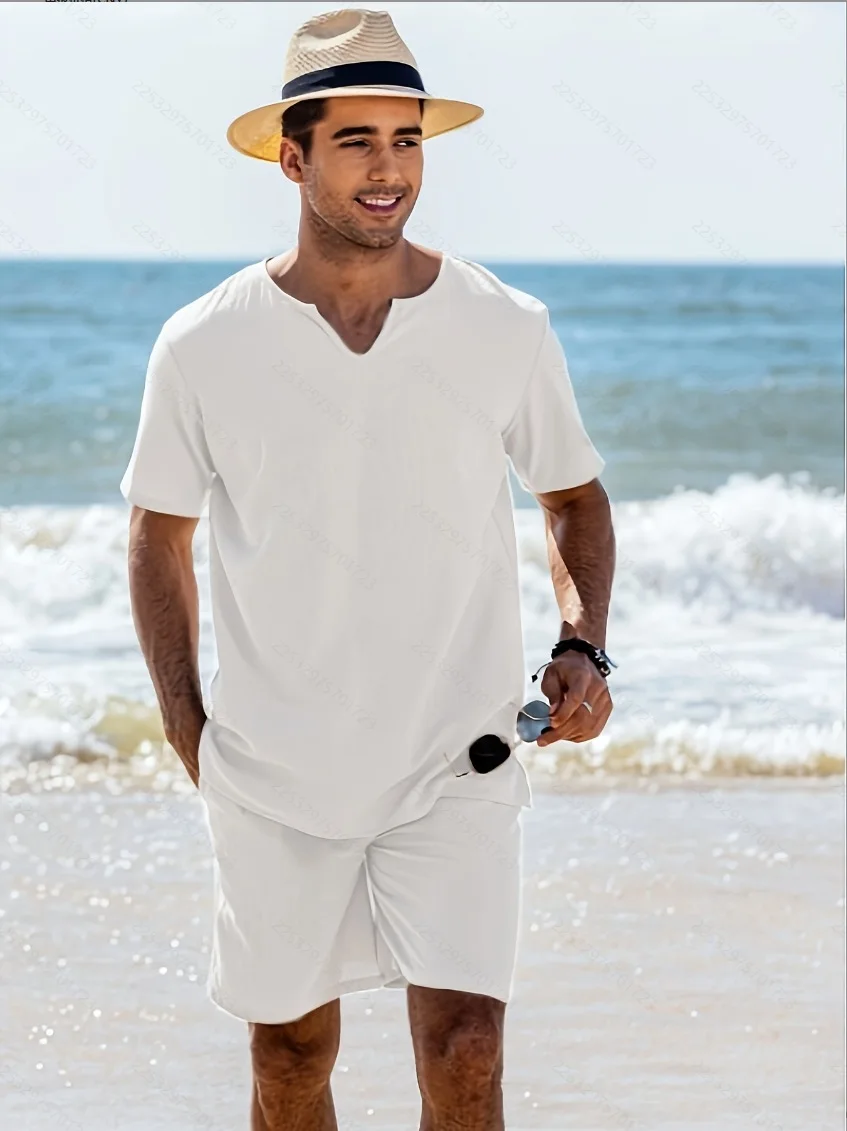 

Men s Summer Clothes Solid Color Short sleeve Henley Shirt Elastic Waist Drawstring Pants 2 Pieces Loungewear Set