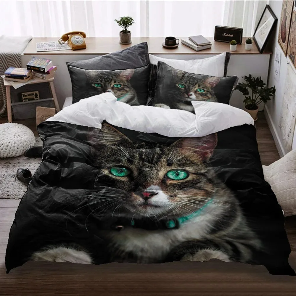 2023Bedding 3-piece Set 2 Pillowcase 1 Quilt Set Digital Print high-definition Lovely Beautiful Cat Sheet Set 033