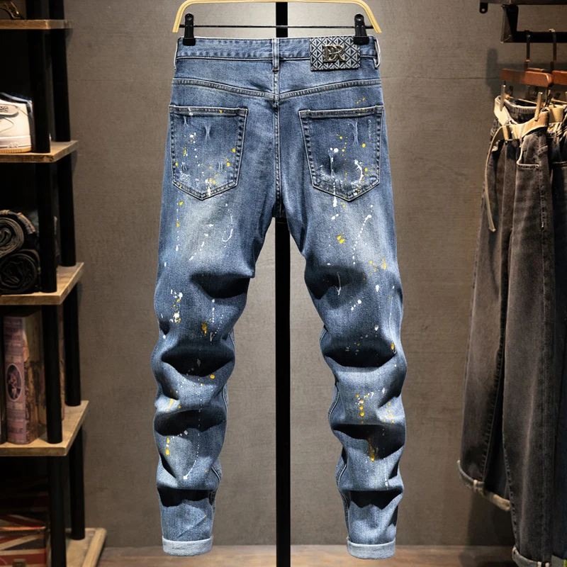 Street Designer Fashion Men Jeans Retro Blue Stretch Slim Fit Painted Ripped Jeans Men Hip Hop Vintage Y2K Denim Pants Hombre