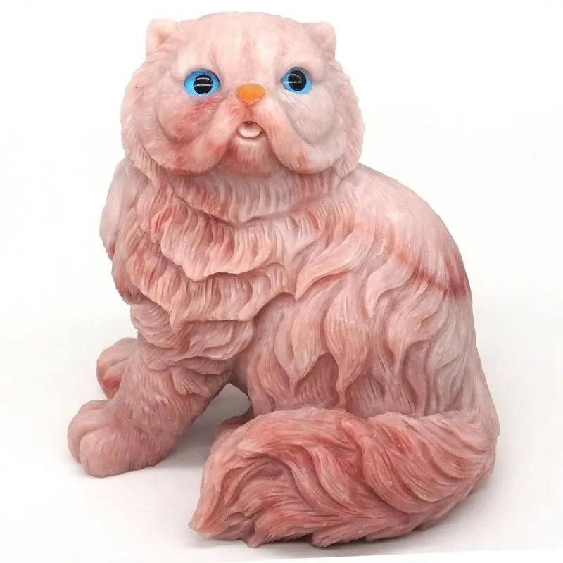 Fengshui Natural Gemstone Pink Opal Persian Cat Crystal Carved Animal Figurine Crystal Crafts