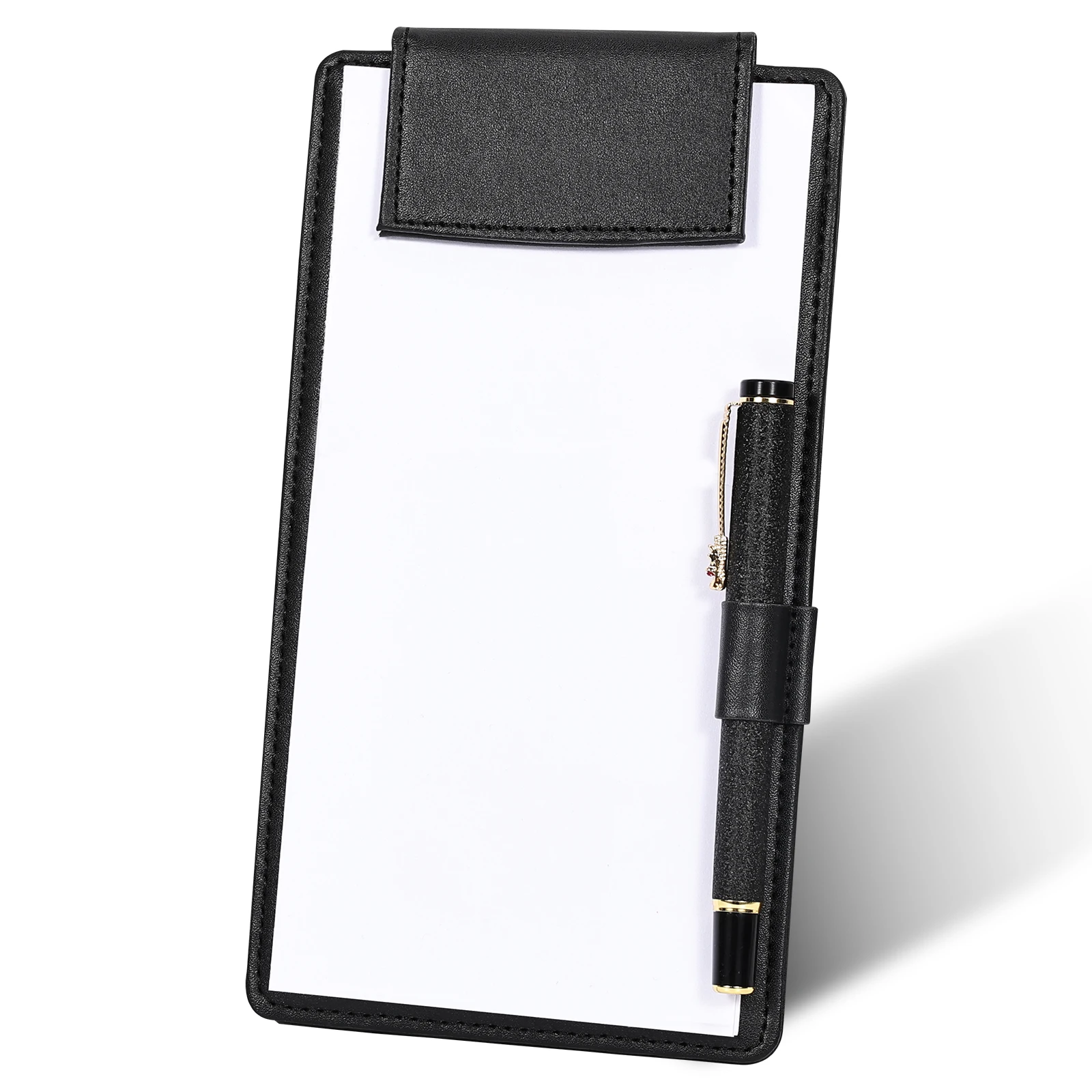 A6 Size Black Clamping Clip board PU Leather Menu Folder Hotel Restaurant Serving Hand-Held Writing Pad With Pen Holder