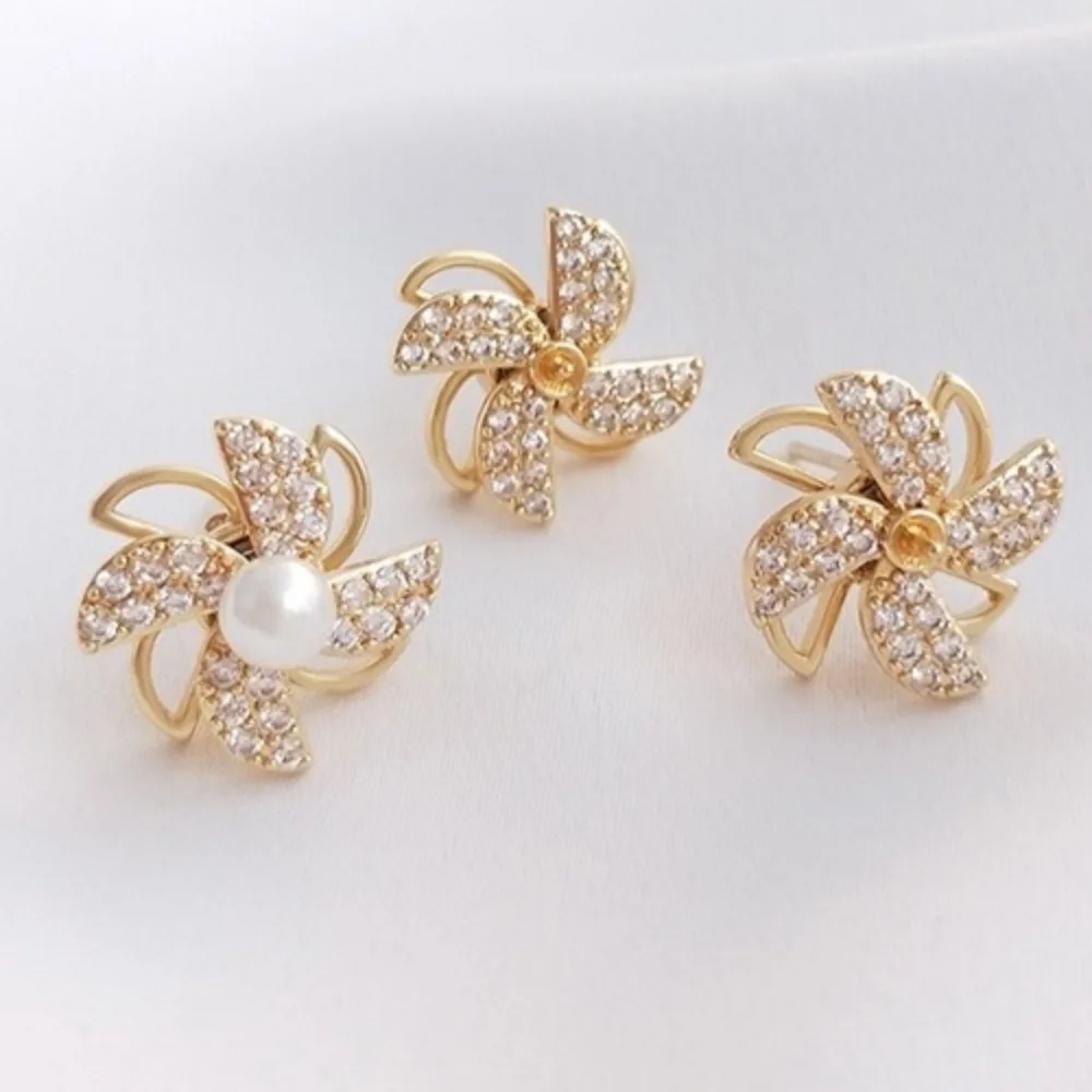 

Rotatable Windmill Stud Earrings Half-hole Pearl Holder 14K Gold DIY Exquisite Temperament Earrings High-end Light Luxury
