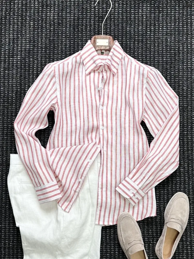 Summer Mens Linen Shirt Long Sleeve Business Casual Comfortable Breathable Single Breasted Office Men Work Striped Shirts Tops