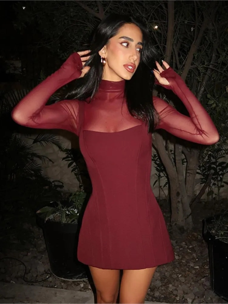 Novo outono sexy feminino malha pura retalhos manga longa mini vestido, elegante festa clube bodycon vestidos, y2k saindo vestidos
