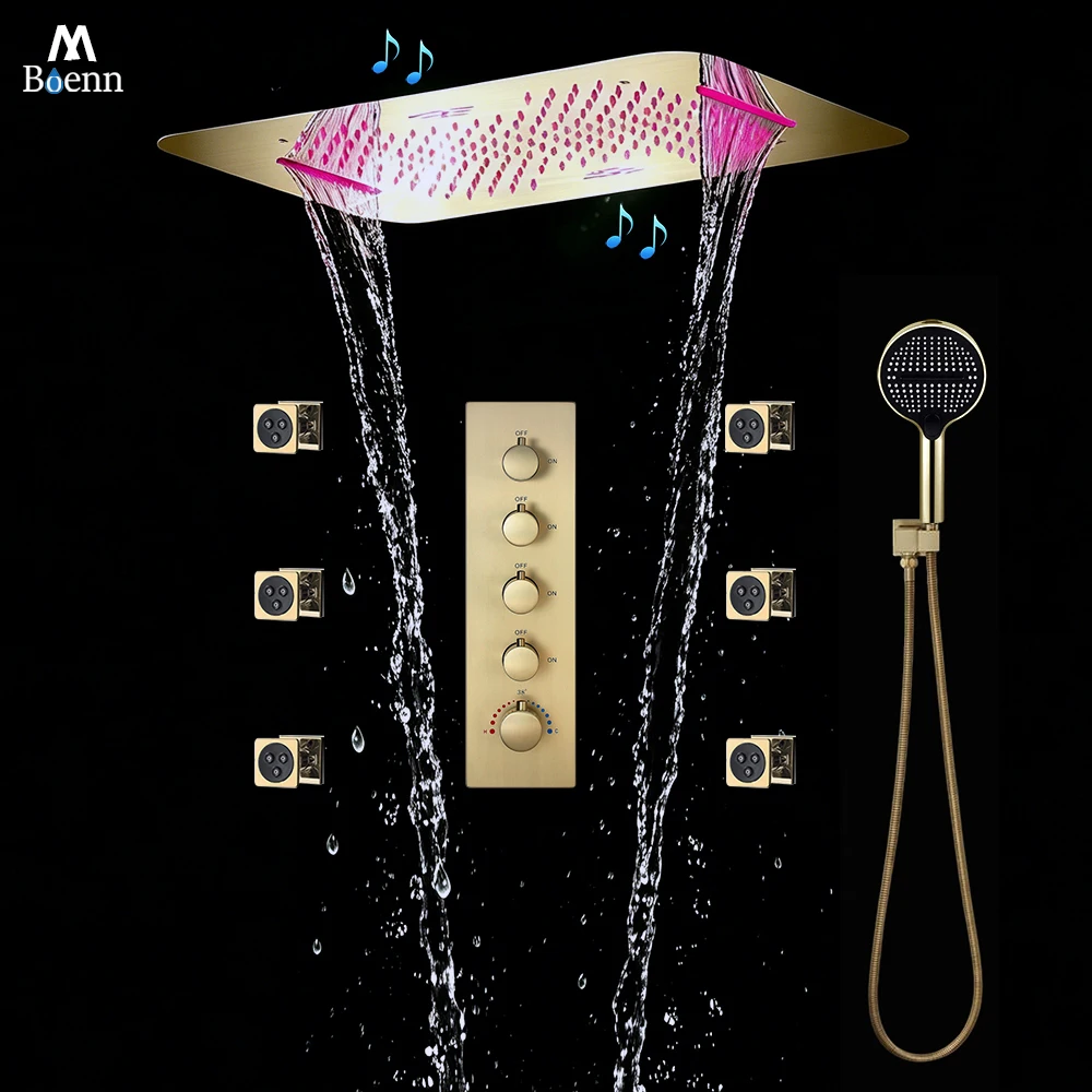 M Boenn 4 Functions Shower System Set Embedded Ceiling 22.8*14.9 Inch LED Shower Head Bathroom Faucet Thermostatic Divider Mixer