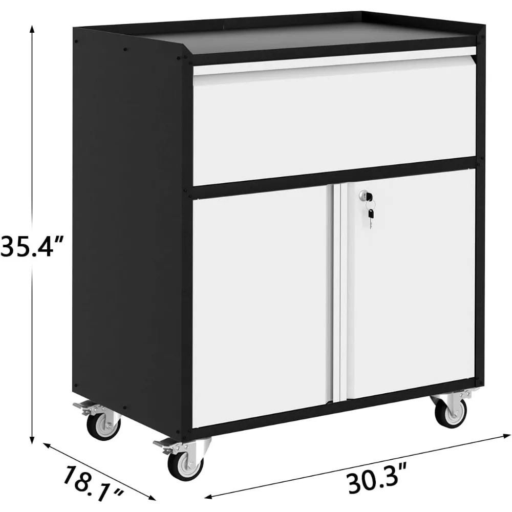 Heavy Duty Metal Rolling Tool Storage Cabinet with Drawer, Adjustable Shelf, Lock & 4 Wheels, Grey