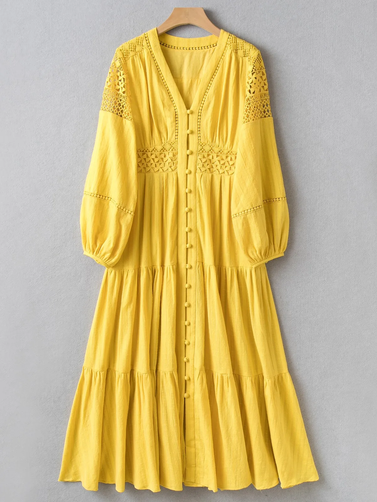 Lace Hollow out Midi Dress, V Neckline, Puff Sleeves, Yellow, Pink, US 2-US 10