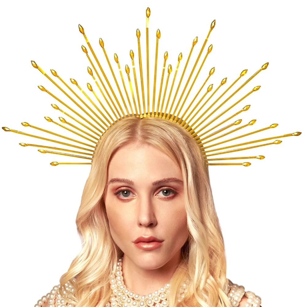 ผู้หญิง Crown Headband Mary Golden Halo เครื่องประดับผมอุปกรณ์ถ่ายภาพการตั้งครรภ์เทพธิดางานแต่งงาน Headwear ฮาโลวีน