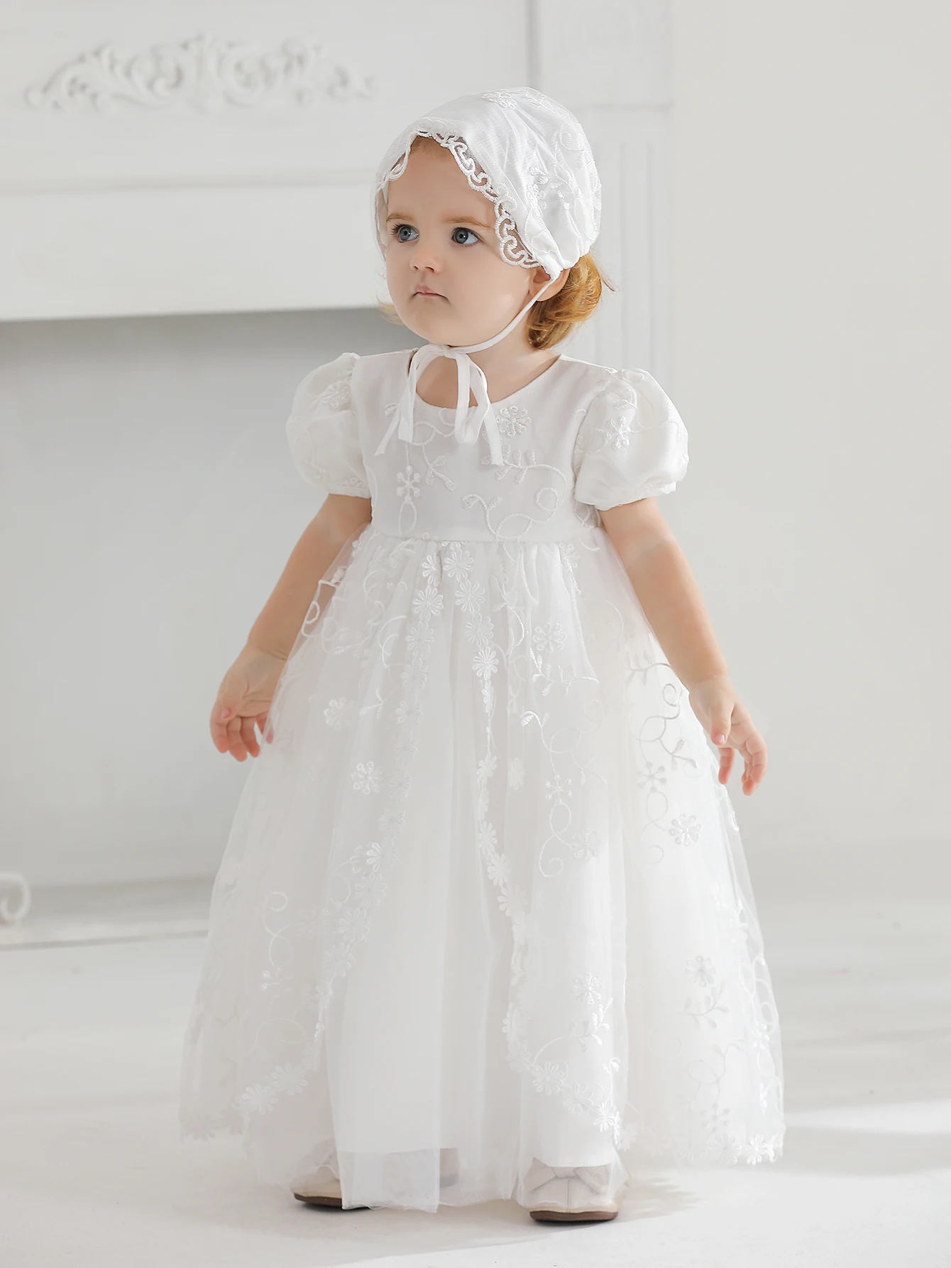 Baby Girl Baptism Dress Lace Christening Baptism Gowns Dresses with Bonnet Birthday Party Dress