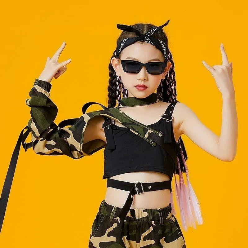 

Functional Sleeves Show Fashion Cool Clothing Children's T-stage Performance Clothing Camo Set Jazz Dance Clothing Girl