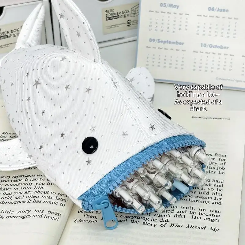 【Beautiful】Cute Star Print Shark Pencil Bag Large Capacity Kawaii Cartoon Pencil Case For Kids Students School And Office