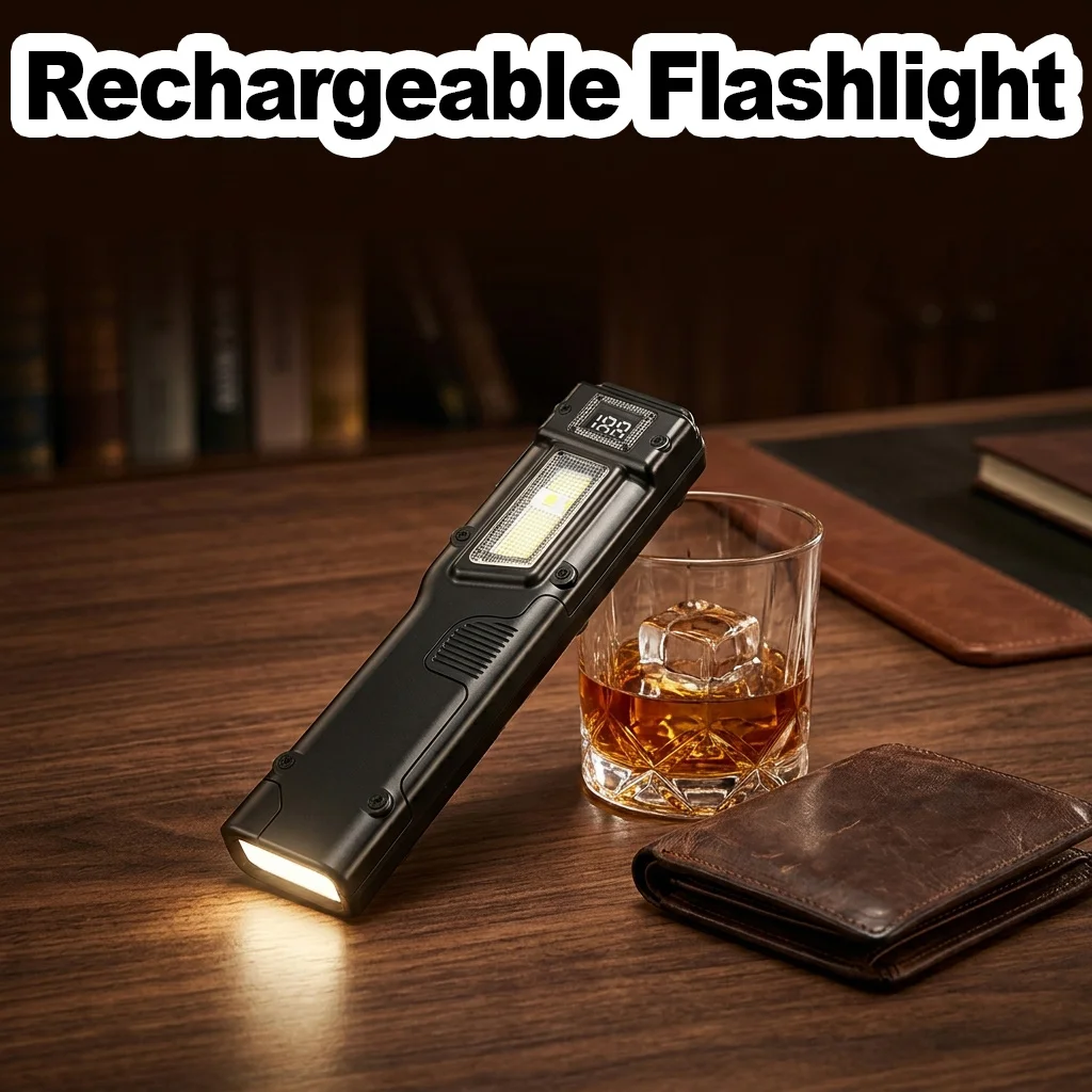 Rechargeable LED Flashlight Battery Display Dual Switch Slim Flat Pocket Penlight Flashlights Portable Work Light Inspection USB